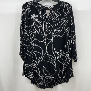 Chicos Size 2 / L Popover Blouse Wearable‎ Art Geometric Flowy Black White Shirt